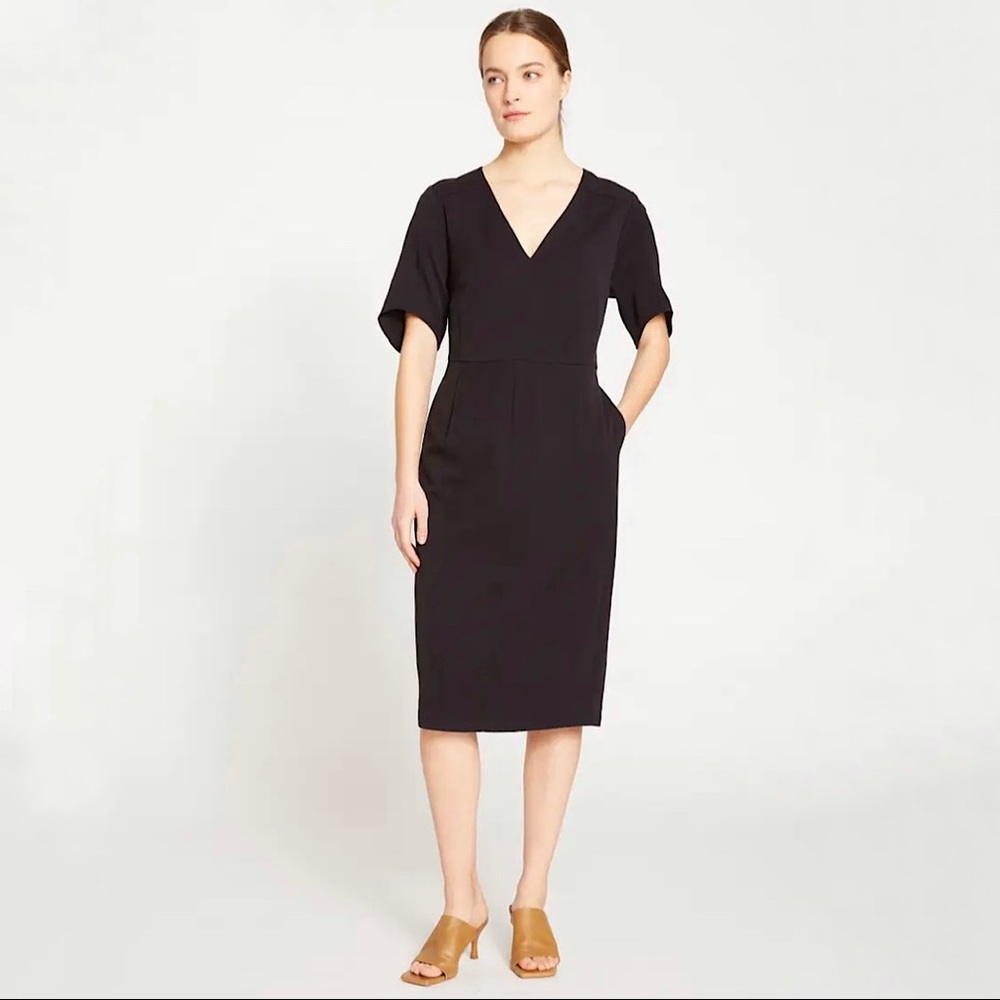 NEW Universal Standard Moira V Neck Twill Midi Dress in Black